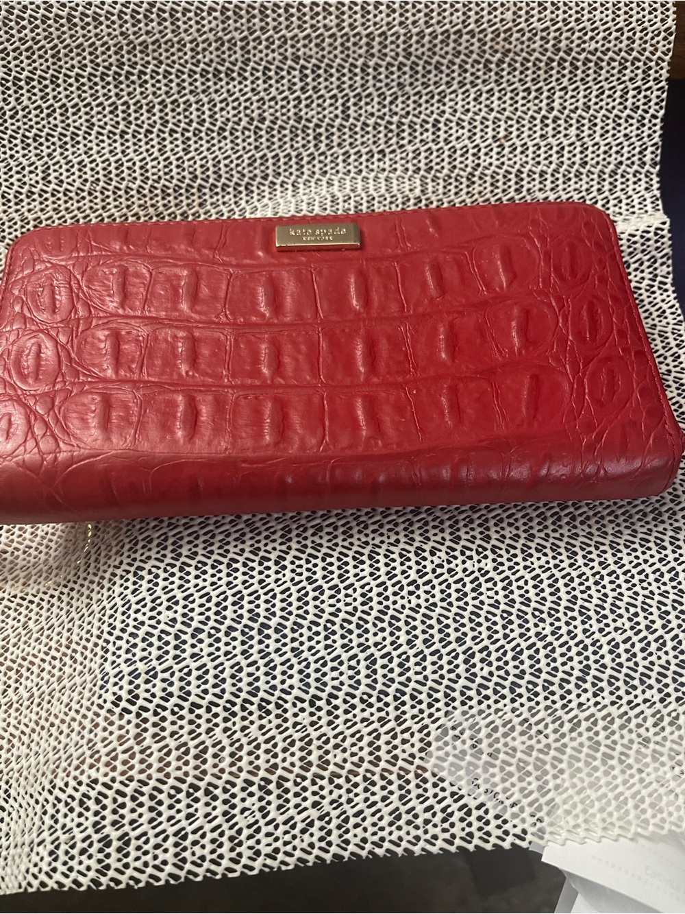 New no tag Kate Spade Red Croc Embossed Leather Zip Around Wallet